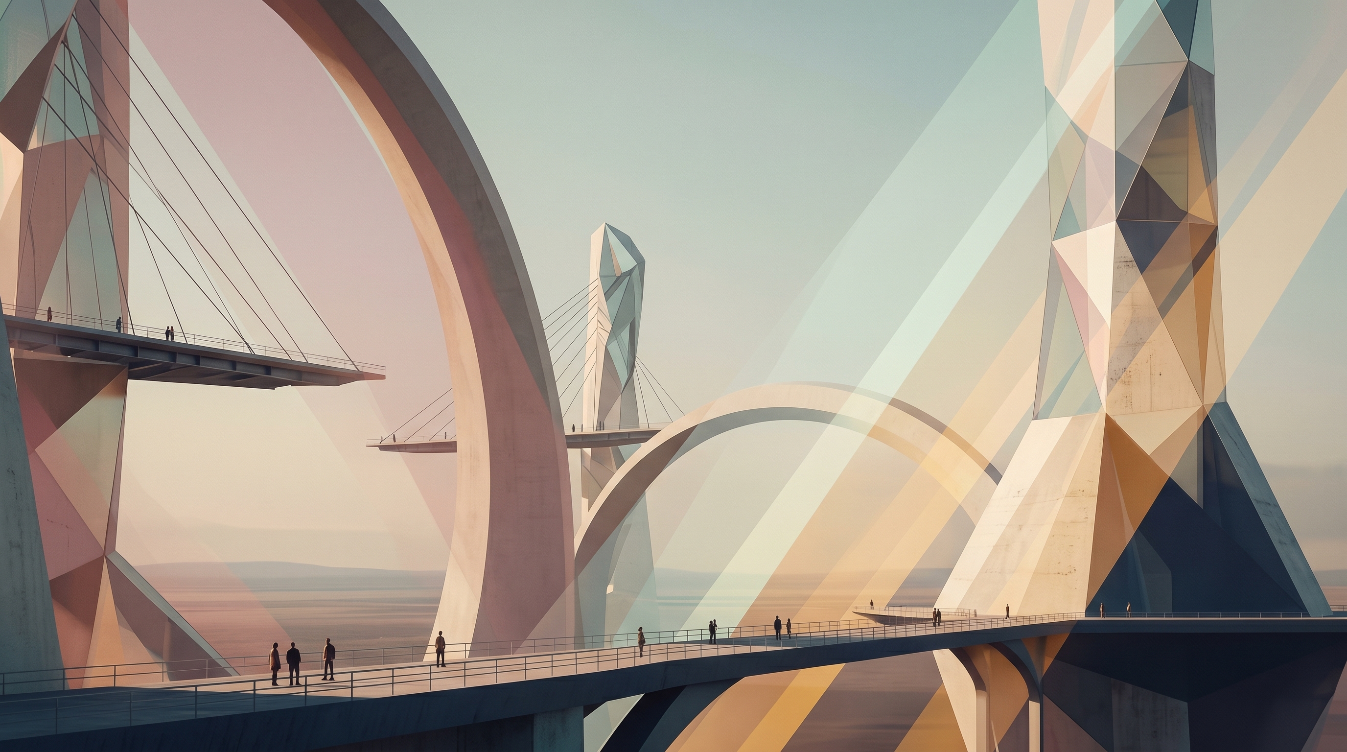 A vast prismatic future landscape of monumental concrete and crystalline infrastructure, with small figures walking its bridges