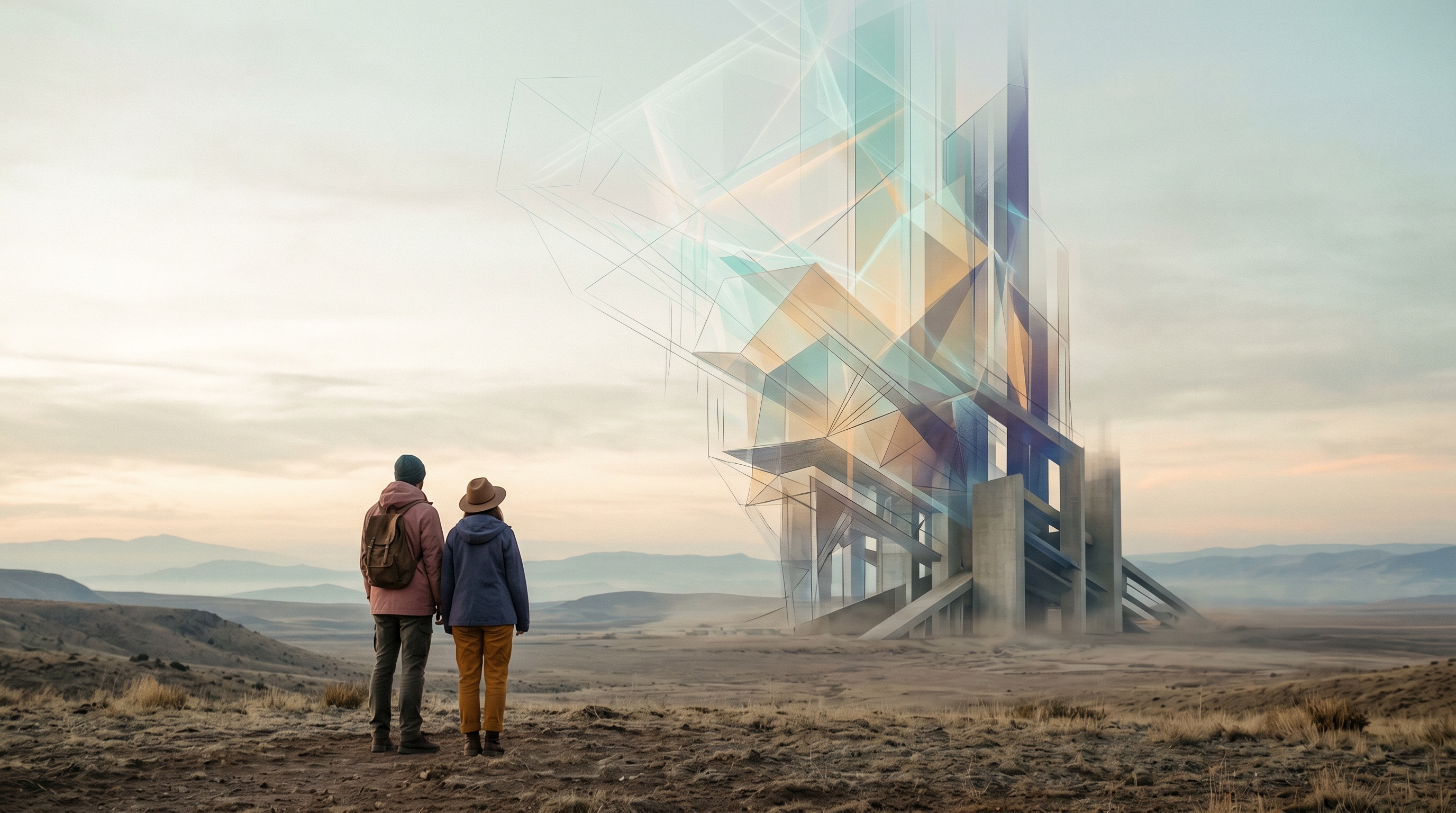 Two people watching a crystalline structure materialize from wireframe lines into solid form